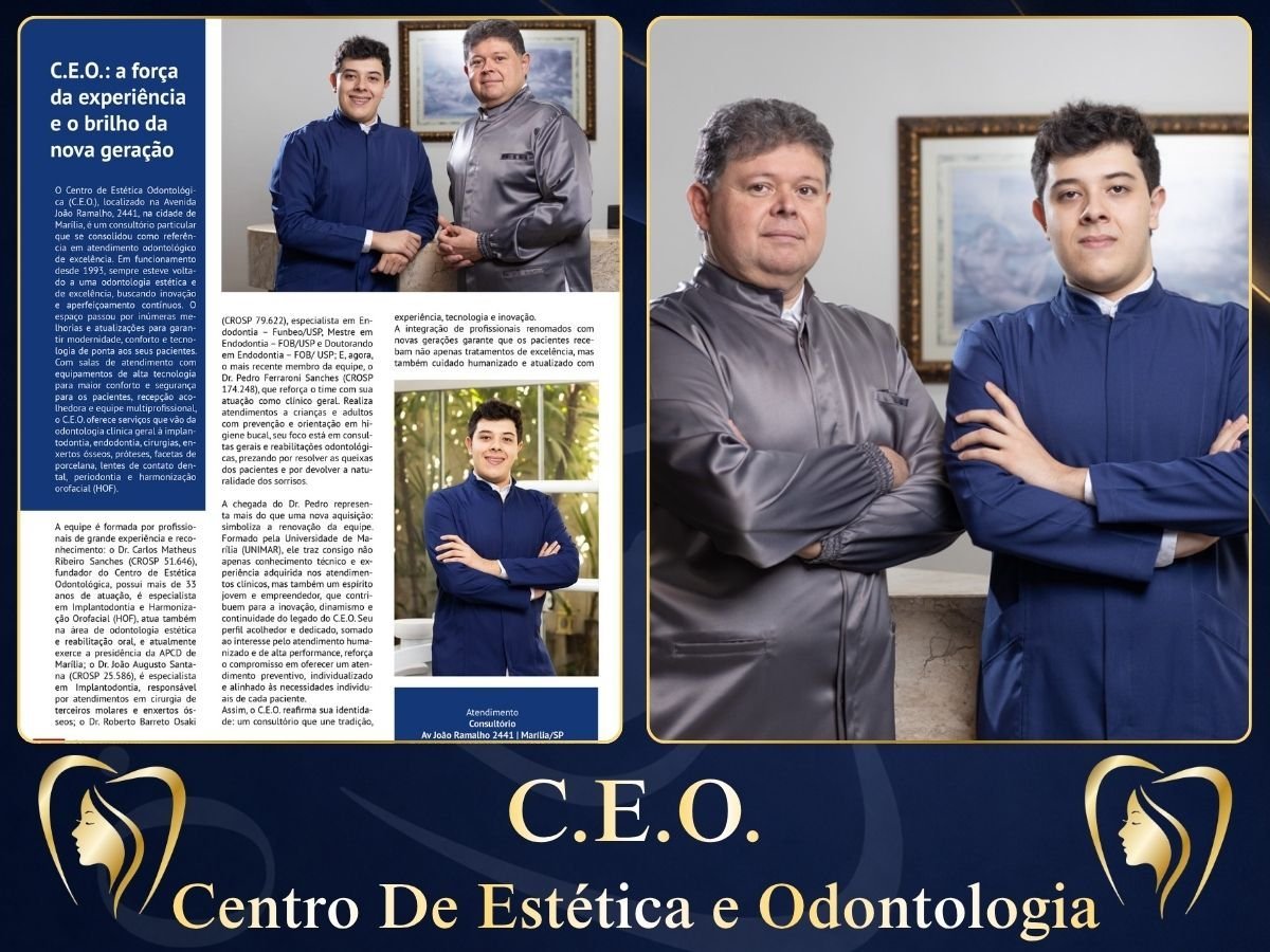 Publicação em Revista

Os Drs. Carlos Sanches e Pedro Sanches foram destaque em uma publicação que apresentou a trajetória da C.E.O., unindo a experiência consolidada ao olhar de uma nova geração da odontologia.

Marília/SP